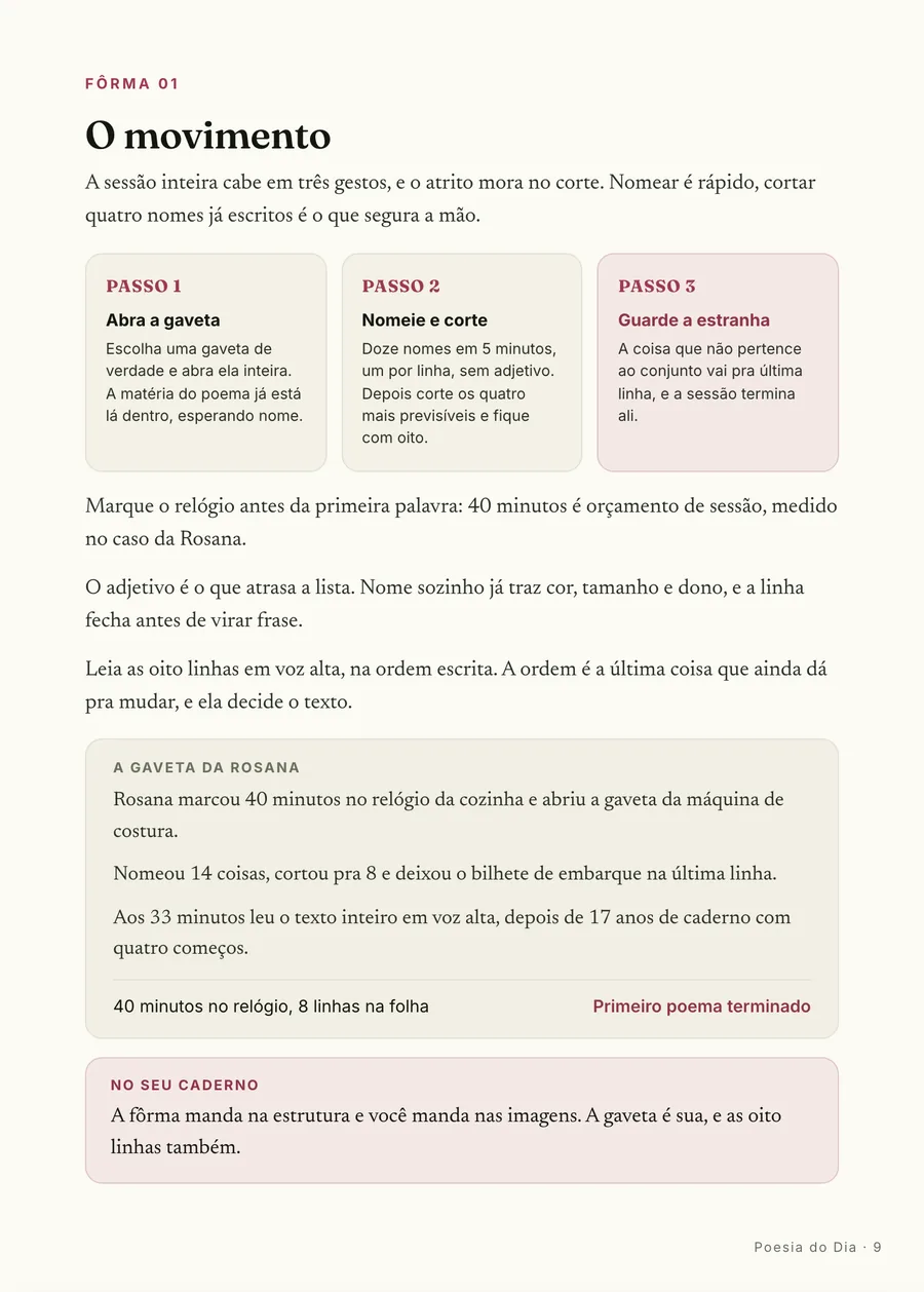 Passo a passo: O movimento em três passos: abra a gaveta, nomeie e corte, guarde a coisa estranha pro fim